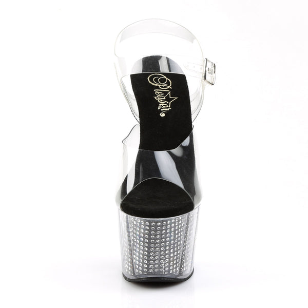 7" Heel, 2 3/4" PF Sandal W/Simulated RS Filled Bottom Clr/Blk SRS Pleaser Pleaser ADORE/708SRS