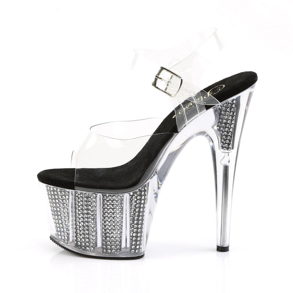 7" Heel, 2 3/4" PF Sandal W/Simulated RS Filled Bottom Clr/Blk SRS Pleaser Pleaser ADORE/708SRS
