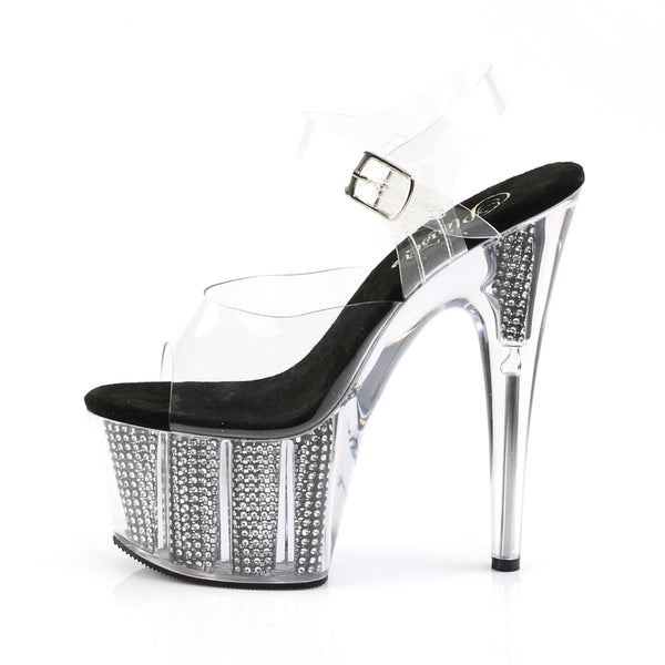 7" Heel, 2 3/4" PF Sandal W/Simulated RS Filled Bottom Clr/Blk SRS Pleaser Pleaser ADORE/708SRS