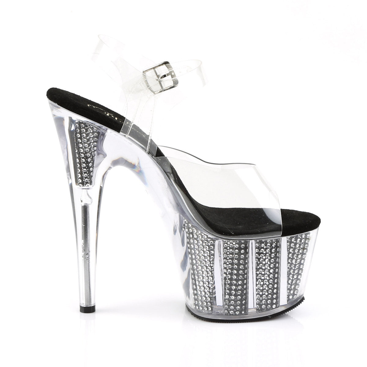 7" Heel, 2 3/4" PF Sandal W/Simulated RS Filled Bottom Clr/Blk SRS Pleaser Pleaser ADORE/708SRS