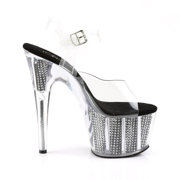7" Heel, 2 3/4" PF Sandal W/Simulated RS Filled Bottom Clr/Blk SRS Pleaser Pleaser ADORE/708SRS