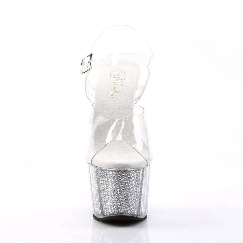 7" Heel, 2 3/4" PF Sandal W/Simulated RS Filled Bottom Clr/Slv SRS Pleaser Pleaser ADORE/708SRS