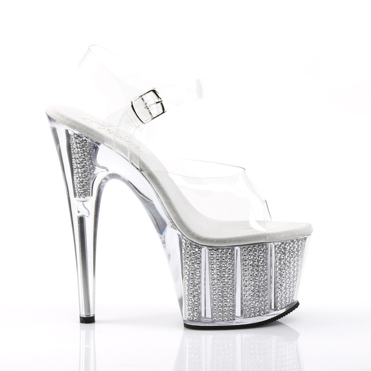 7" Heel, 2 3/4" PF Sandal W/Simulated RS Filled Bottom Clr/Slv SRS Pleaser Pleaser ADORE/708SRS
