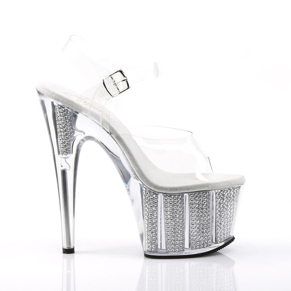 7" Heel, 2 3/4" PF Sandal W/Simulated RS Filled Bottom Clr/Slv SRS Pleaser Pleaser ADORE/708SRS