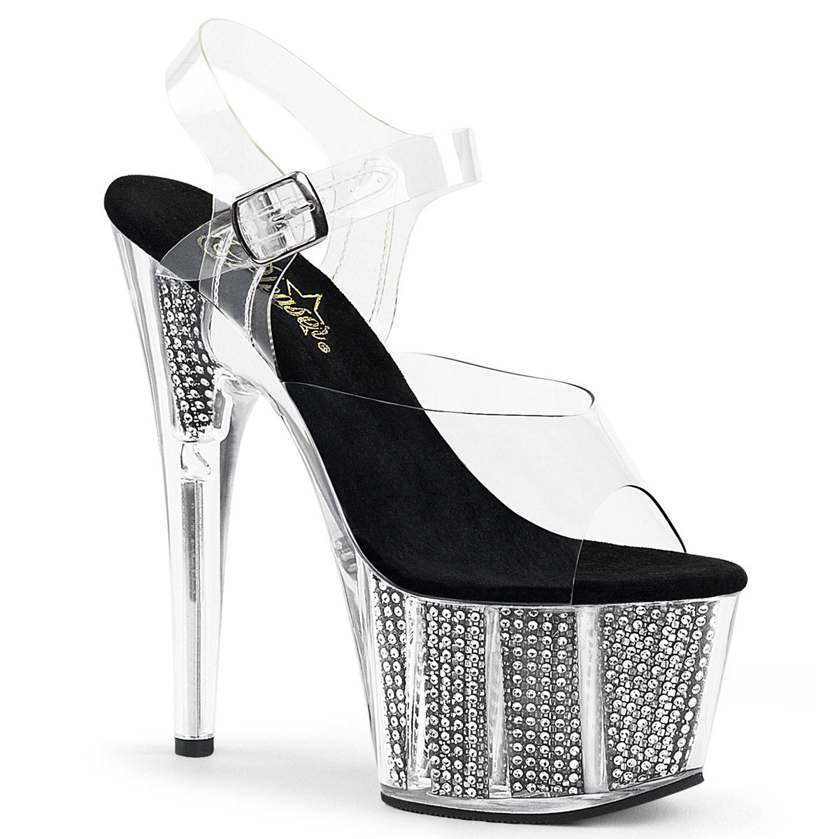 7" Heel, 2 3/4" PF Sandal W/Simulated RS Filled Bottom Clr/Blk SRS Pleaser Pleaser ADORE/708SRS