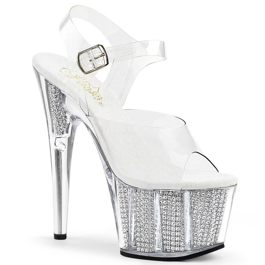 7" Heel, 2 3/4" PF Sandal W/Simulated RS Filled Bottom Clr/Slv SRS Pleaser Pleaser ADORE/708SRS