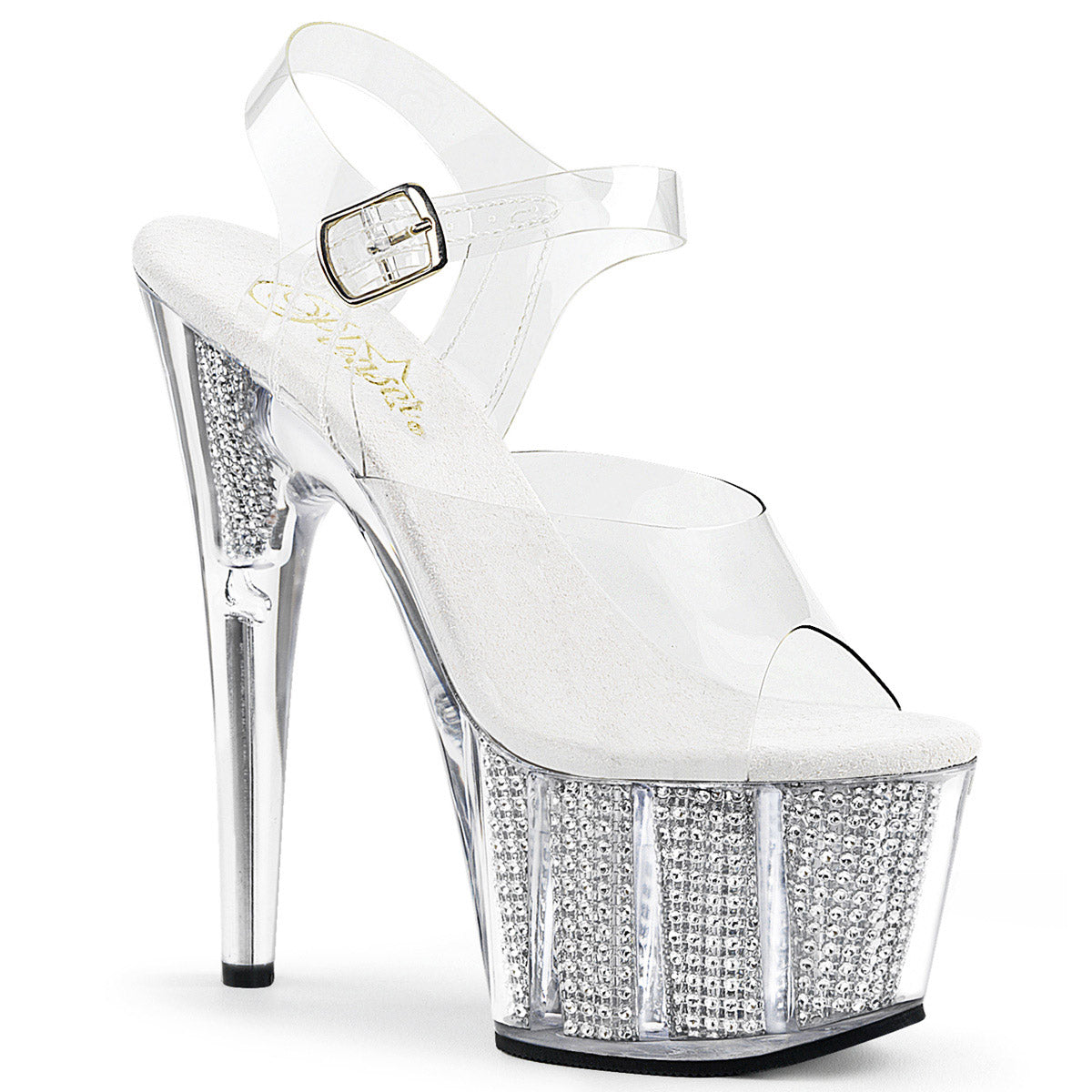 7" Heel, 2 3/4" PF Sandal W/Simulated RS Filled Bottom Clr/Slv SRS Pleaser Pleaser ADORE/708SRS