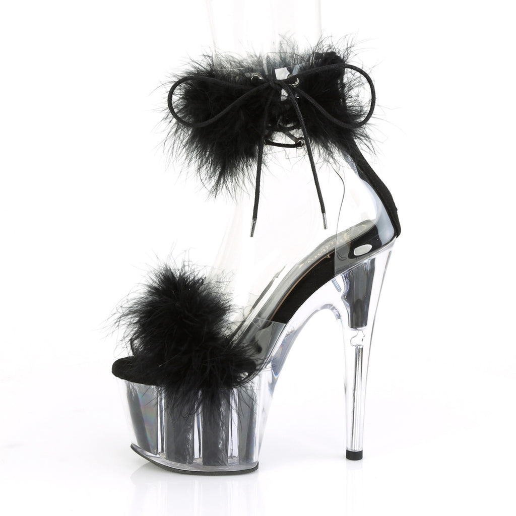 7" Heel, 2 3/4" Pf Marabou Fur Ankle Cuff Sandal, Back Zip Pleaser Pleaser ADORE/724F