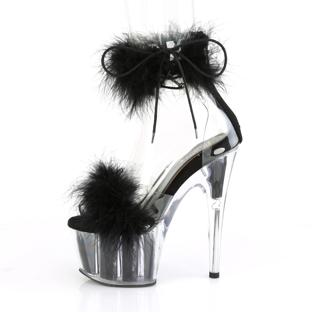 7" Heel, 2 3/4" Pf Marabou Fur Ankle Cuff Sandal, Back Zip Pleaser Pleaser ADORE/724F
