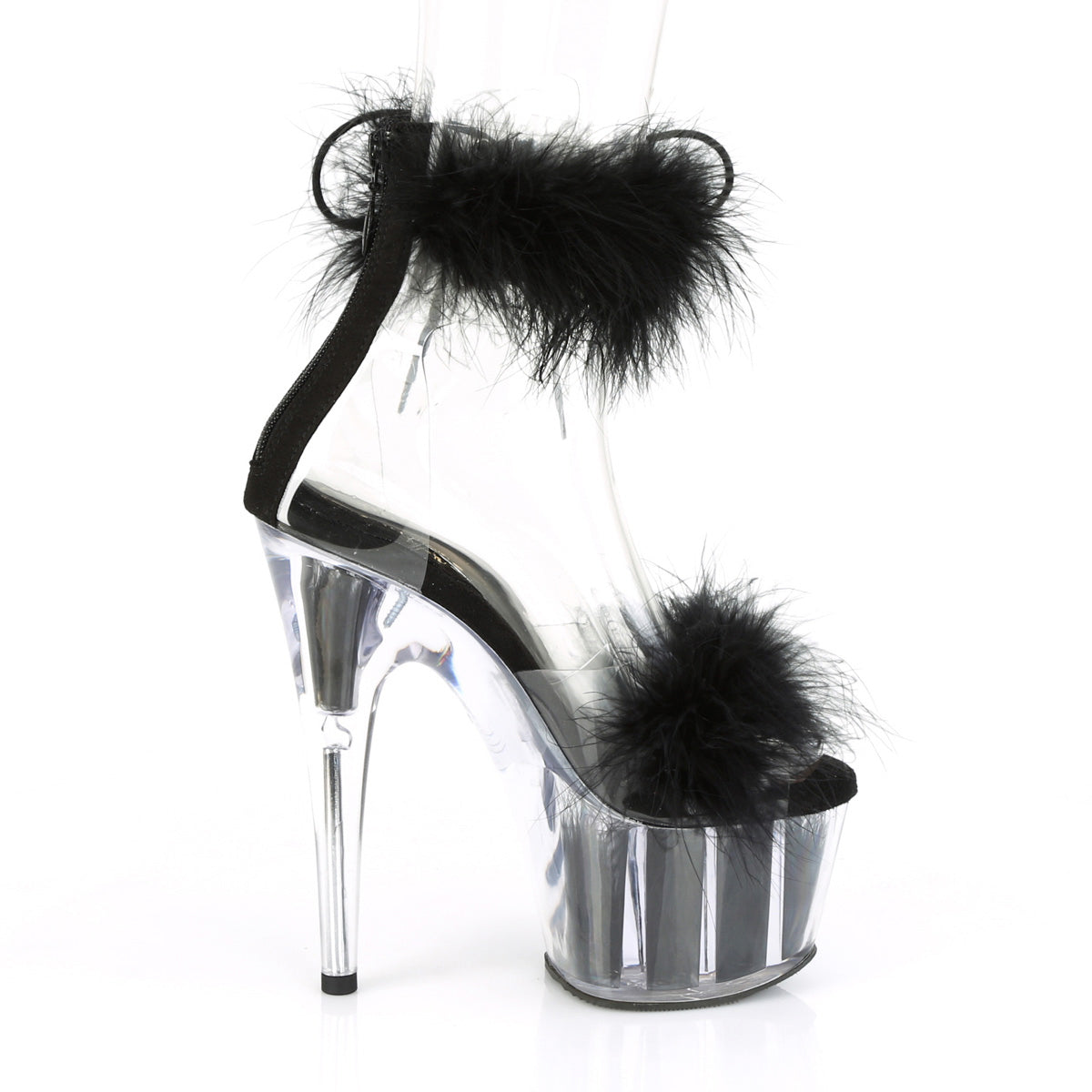7" Heel, 2 3/4" Pf Marabou Fur Ankle Cuff Sandal, Back Zip Pleaser Pleaser ADORE/724F