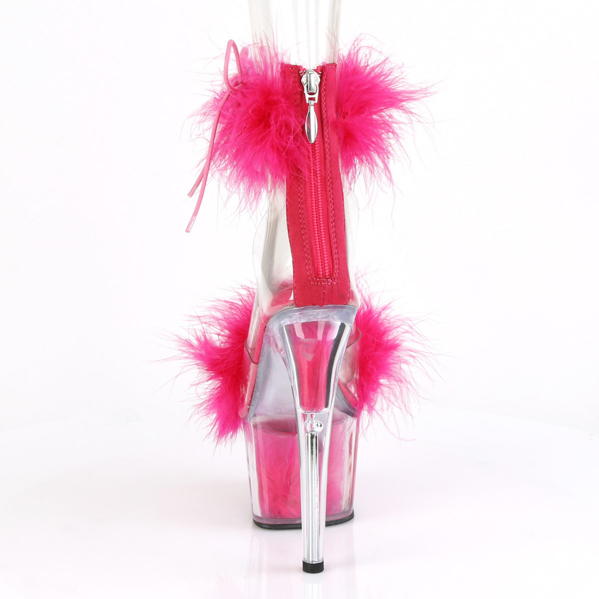 7" Heel, 2 3/4" Pf Marabou Fur Ankle Cuff Sandal, Back Zip Pleaser Pleaser ADORE/724F