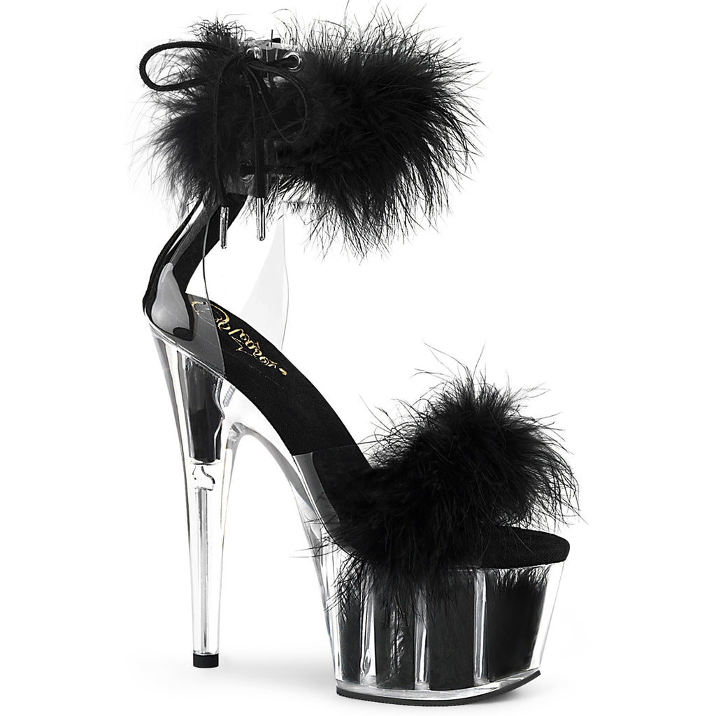 7" Heel, 2 3/4" Pf Marabou Fur Ankle Cuff Sandal, Back Zip Pleaser Pleaser ADORE/724F