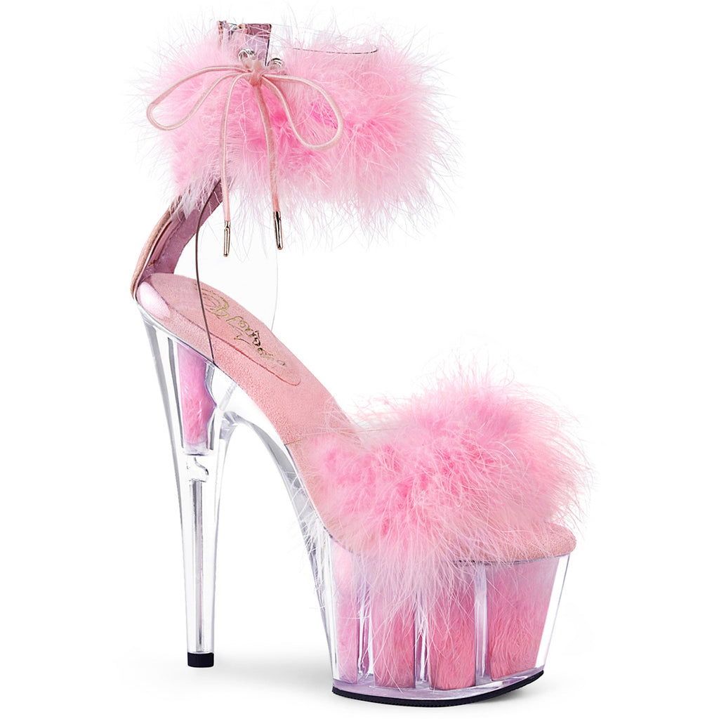 7" Heel, 2 3/4" Pf Marabou Fur Ankle Cuff Sandal, Back Zip Pleaser Pleaser ADORE/724F