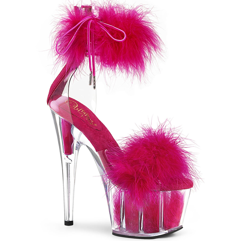 7" Heel, 2 3/4" Pf Marabou Fur Ankle Cuff Sandal, Back Zip Pleaser Pleaser ADORE/724F