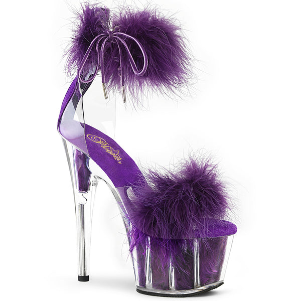 7" Heel, 2 3/4" Pf Marabou Fur Ankle Cuff Sandal, Back Zip Pleaser Pleaser ADORE/724F