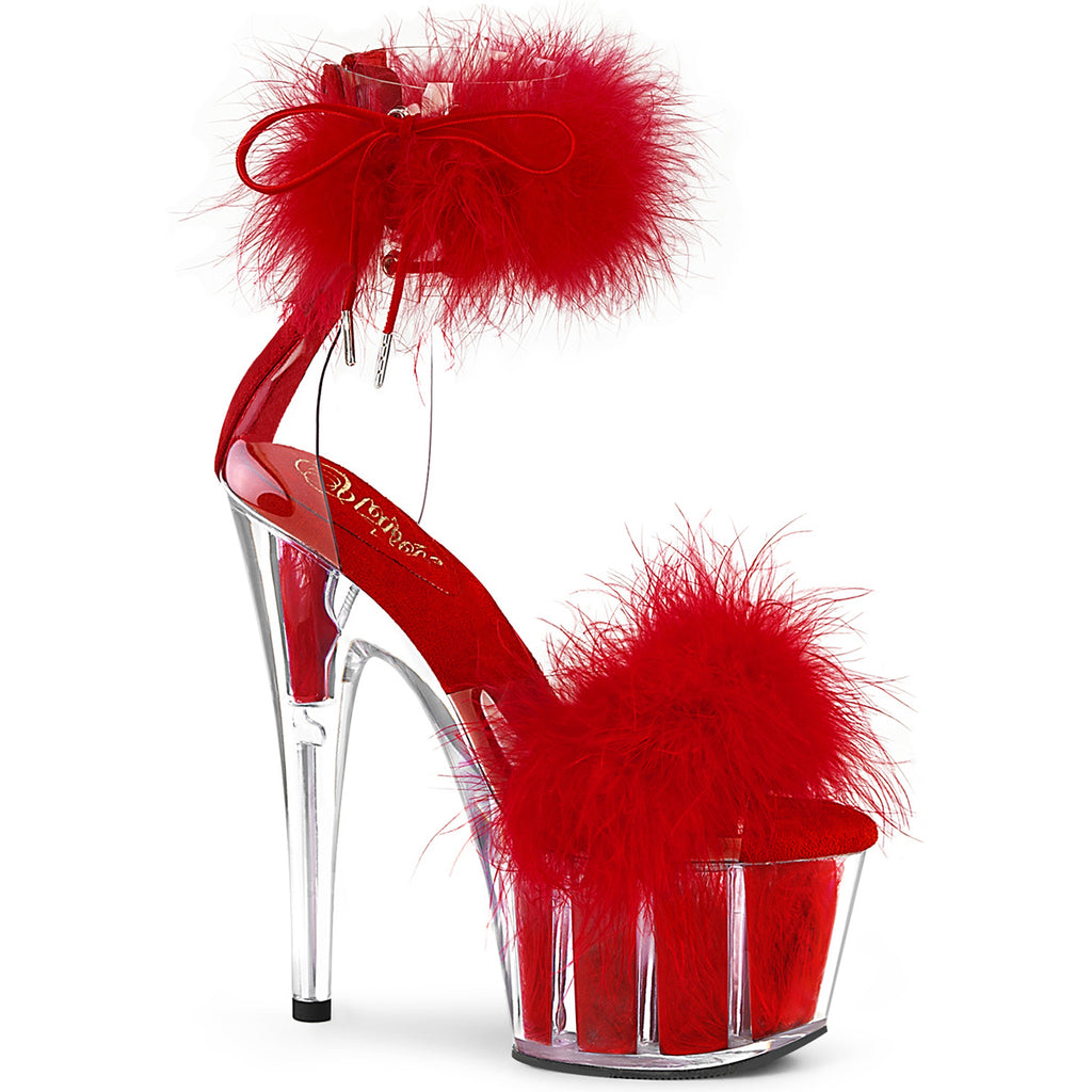 7" Heel, 2 3/4" Pf Marabou Fur Ankle Cuff Sandal, Back Zip Pleaser Pleaser ADORE/724F