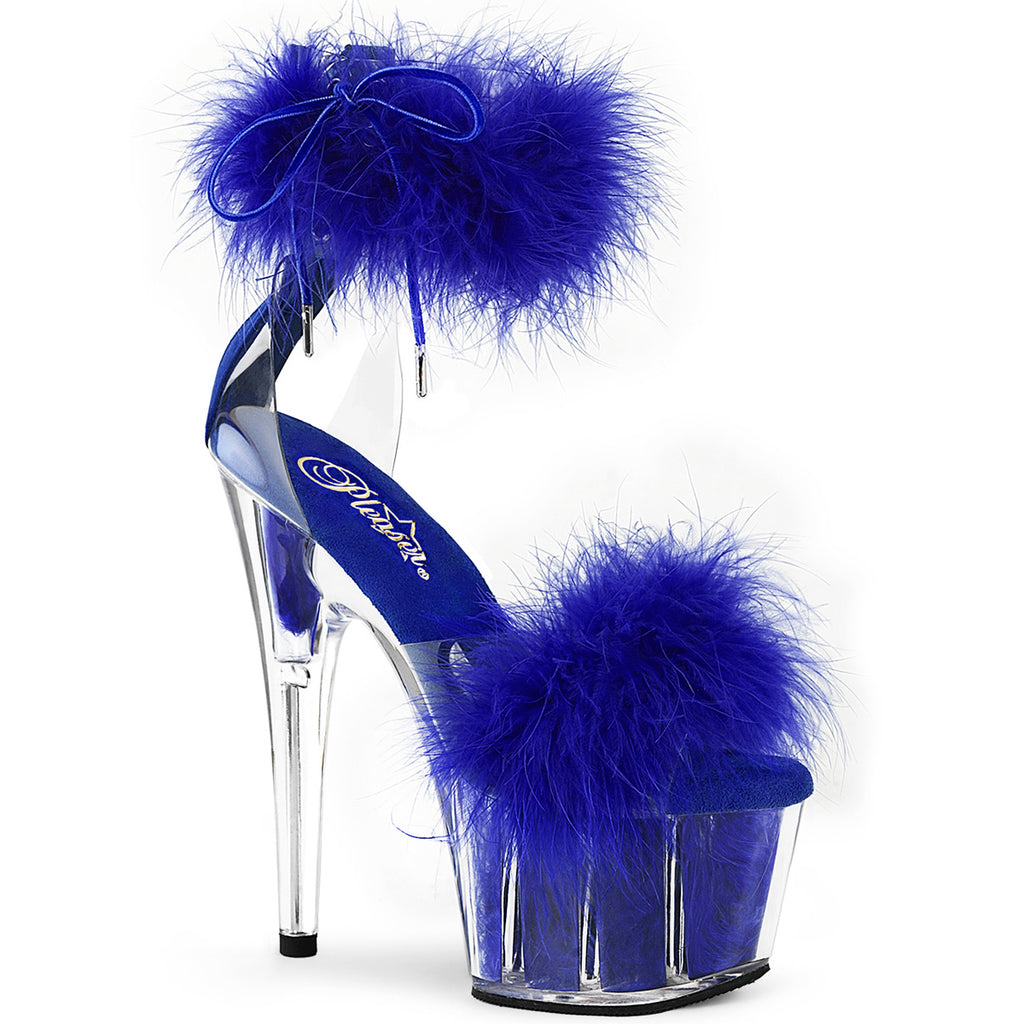 7" Heel, 2 3/4" Pf Marabou Fur Ankle Cuff Sandal, Back Zip Pleaser Pleaser ADORE/724F