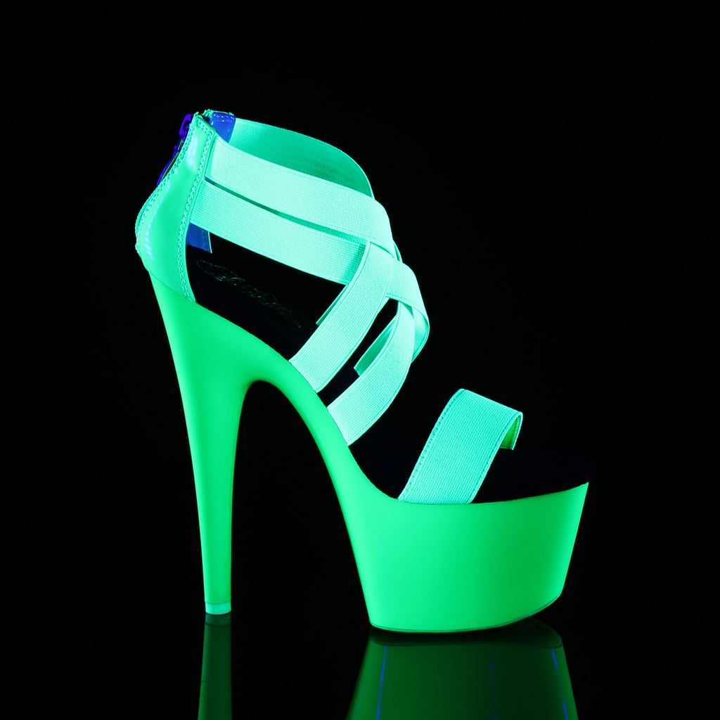 7" Heel, 2 3/4" PF UV Reactive Criss Cross Sandal, Back Zip Pleaser  ADORE/769UV