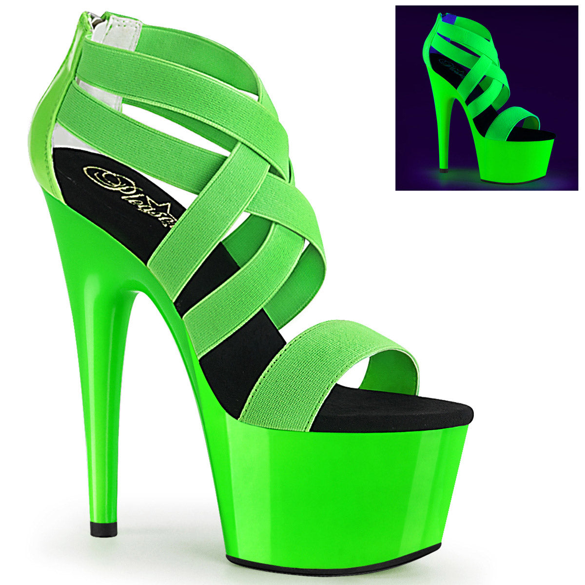 7" Heel, 2 3/4" PF UV Reactive Criss Cross Sandal, Back Zip Pleaser  ADORE/769UV Main image