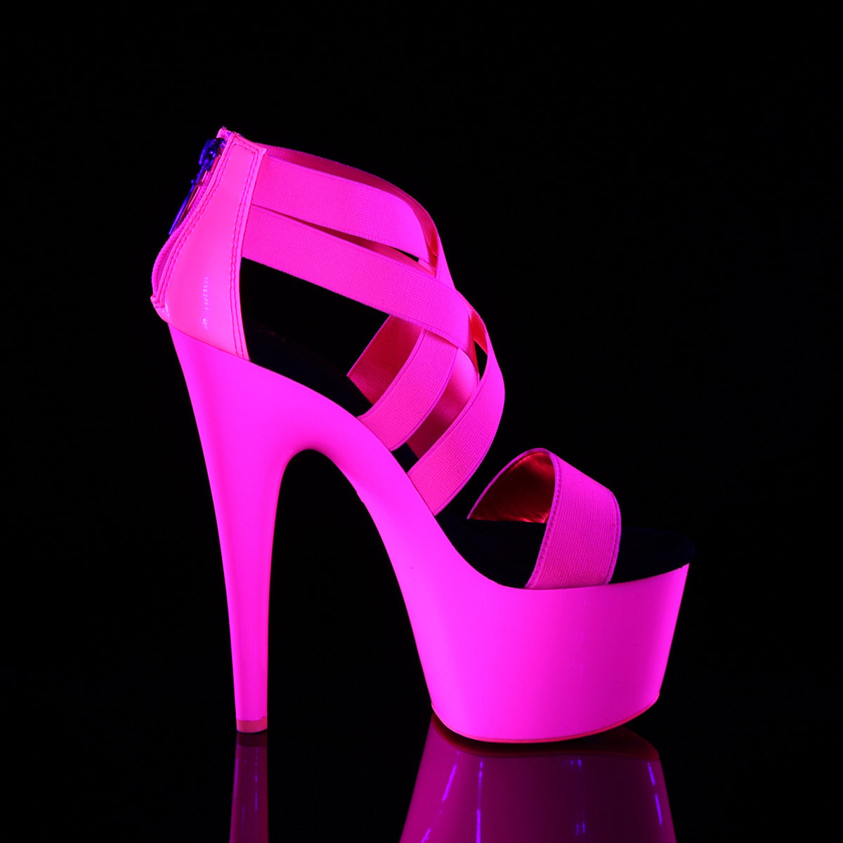 7" Heel, 2 3/4" PF UV Reactive Criss Cross Sandal, Back Zip Pleaser Pleaser ADORE/769UV