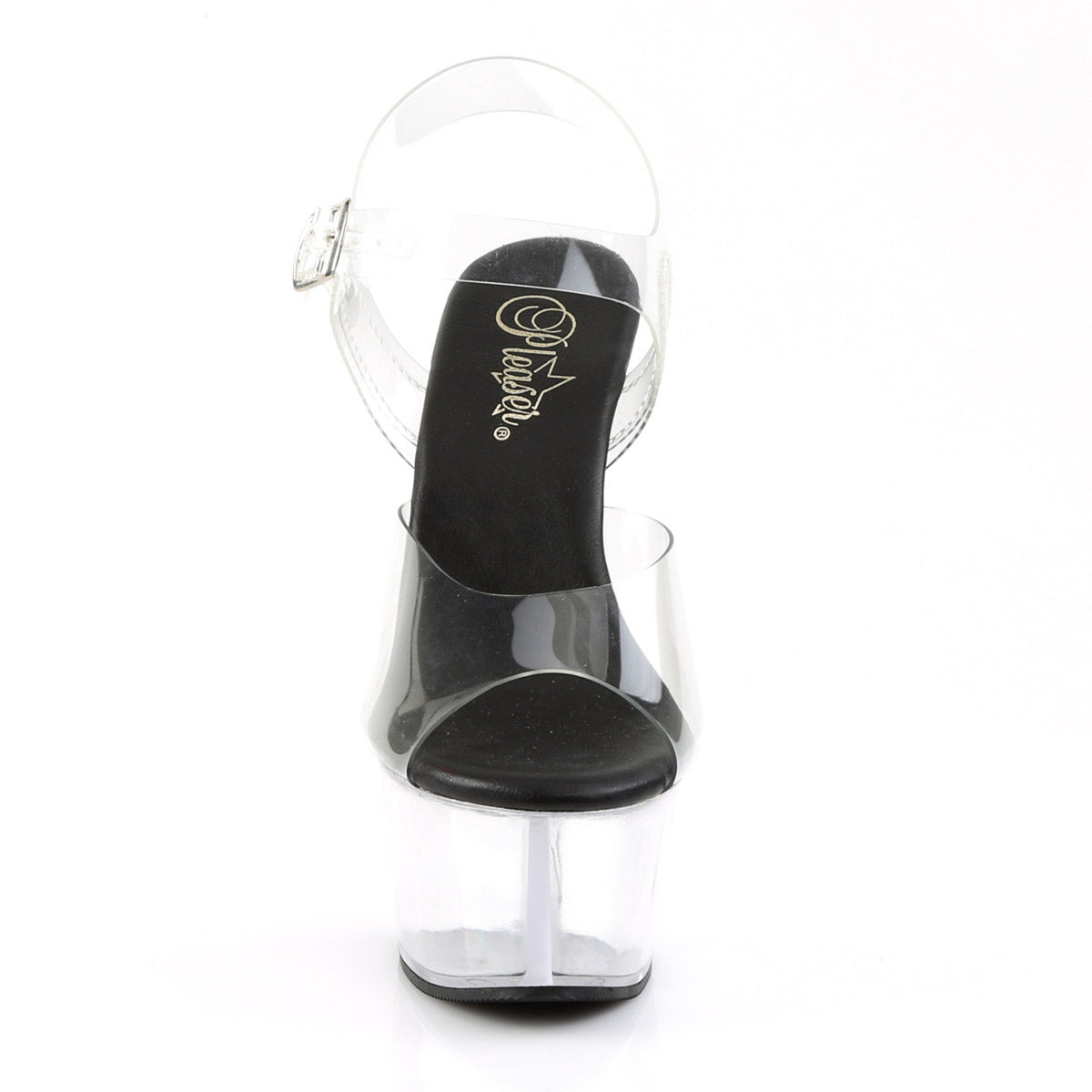 6" Heel, 2 1/4" PF Vegan Friendly Ankle Strap Sandal Clr-Blk/Clr Pleaser Pleaser ASPIRE/608