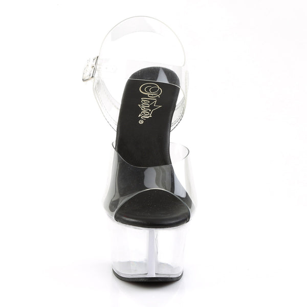 6" Heel, 2 1/4" PF Vegan Friendly Ankle Strap Sandal Clr-Blk/Clr Pleaser Pleaser ASPIRE/608