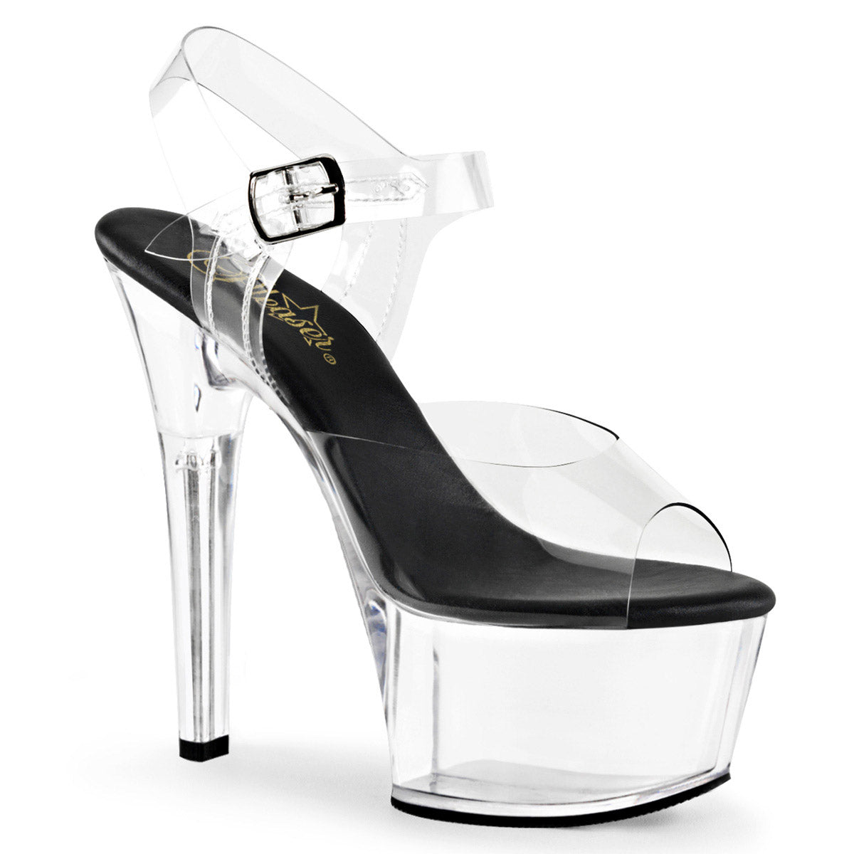6" Heel, 2 1/4" PF Vegan Friendly Ankle Strap Sandal Clr-Blk/Clr Pleaser Pleaser ASPIRE/608