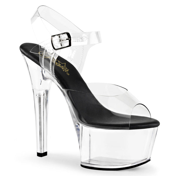 6" Heel, 2 1/4" PF Vegan Friendly Ankle Strap Sandal Clr-Blk/Clr Pleaser Pleaser ASPIRE/608