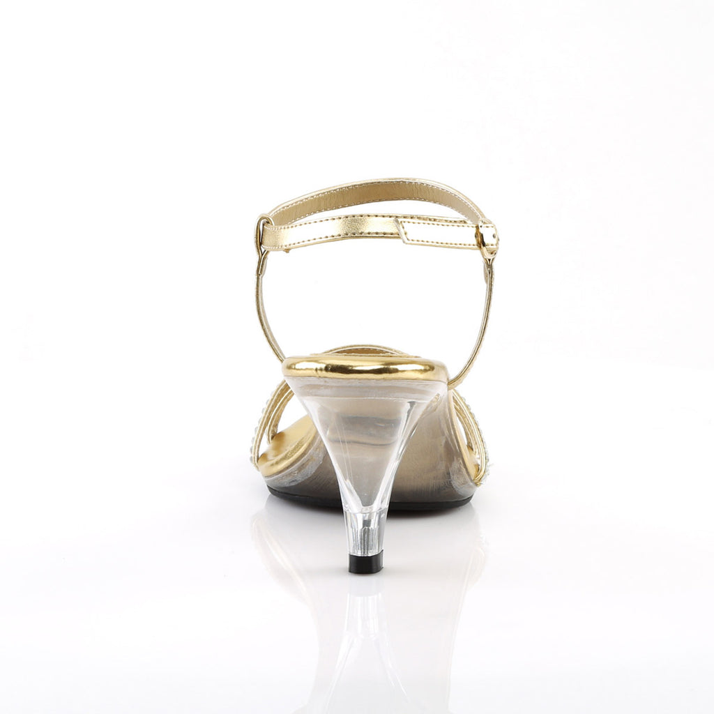 3" Heel, 1/8" PF Slingback Sandal W/ RS Gold Met Pu/Clr Pleaser Fabulicious BELLE/316