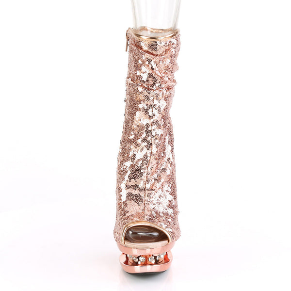 6" Heel, 1 1/2" Pf Sequined Open Toe Ankle Boot, Side Zip Pleaser Pleaser BL/R1008/ROGDSQ/RGCH
