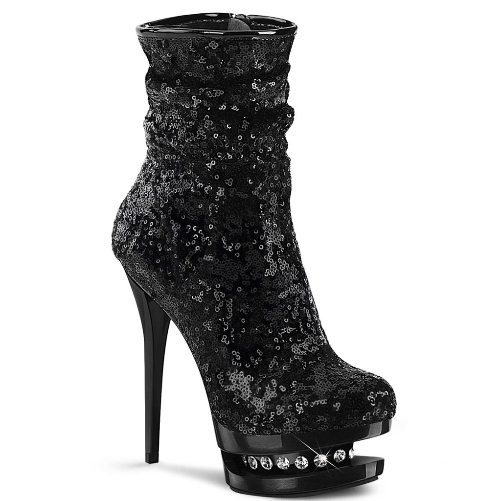 6" Heel, 1 1/2" Pf Sequined Ankle Boot, Side Zip Pleaser Pleaser BL/R1009/BSQ/M