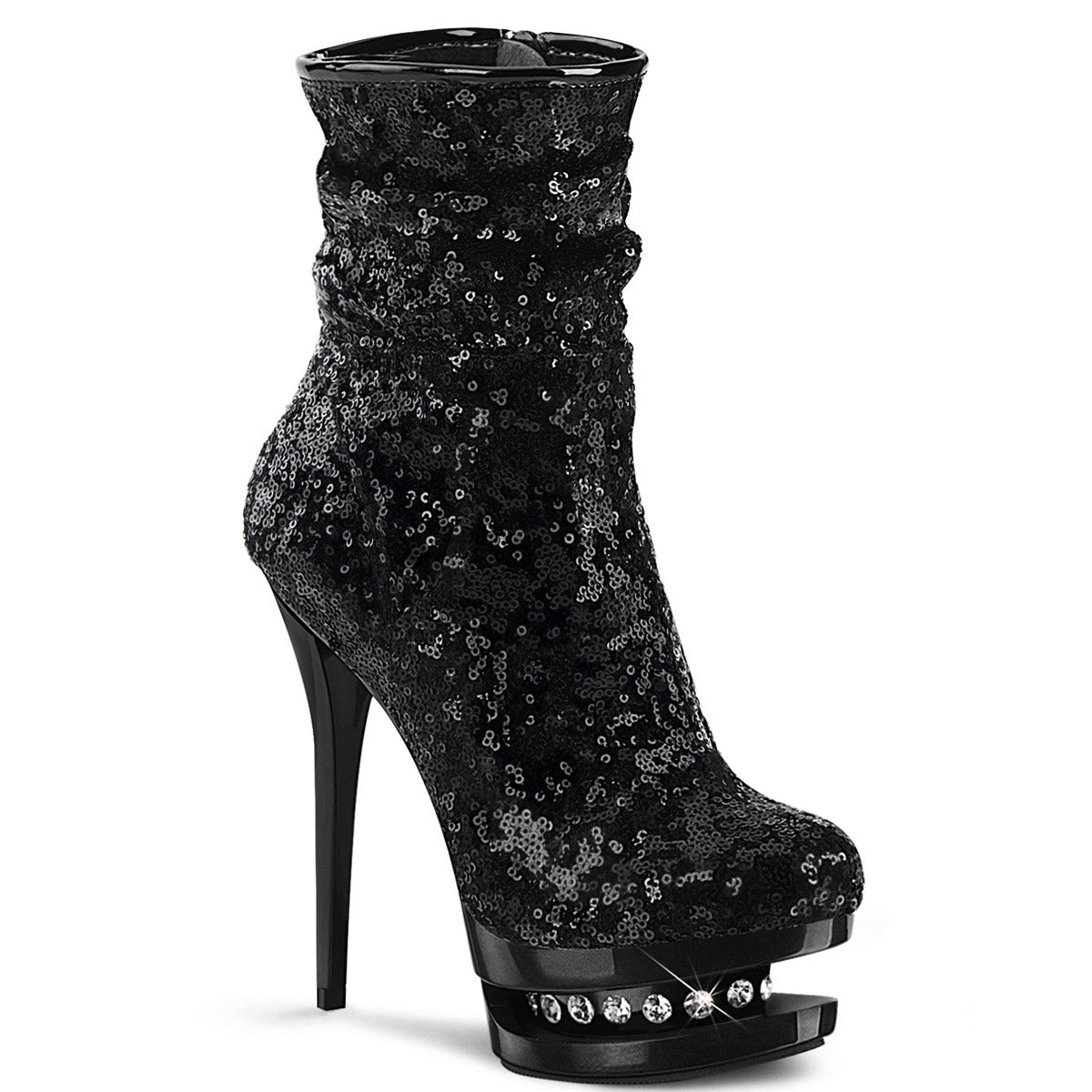 6" Heel, 1 1/2" Pf Sequined Ankle Boot, Side Zip Pleaser Pleaser BL/R1009/BSQ/M