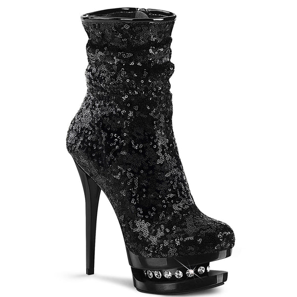 6" Heel, 1 1/2" Pf Sequined Ankle Boot, Side Zip Pleaser Pleaser BL/R1009/BSQ/M