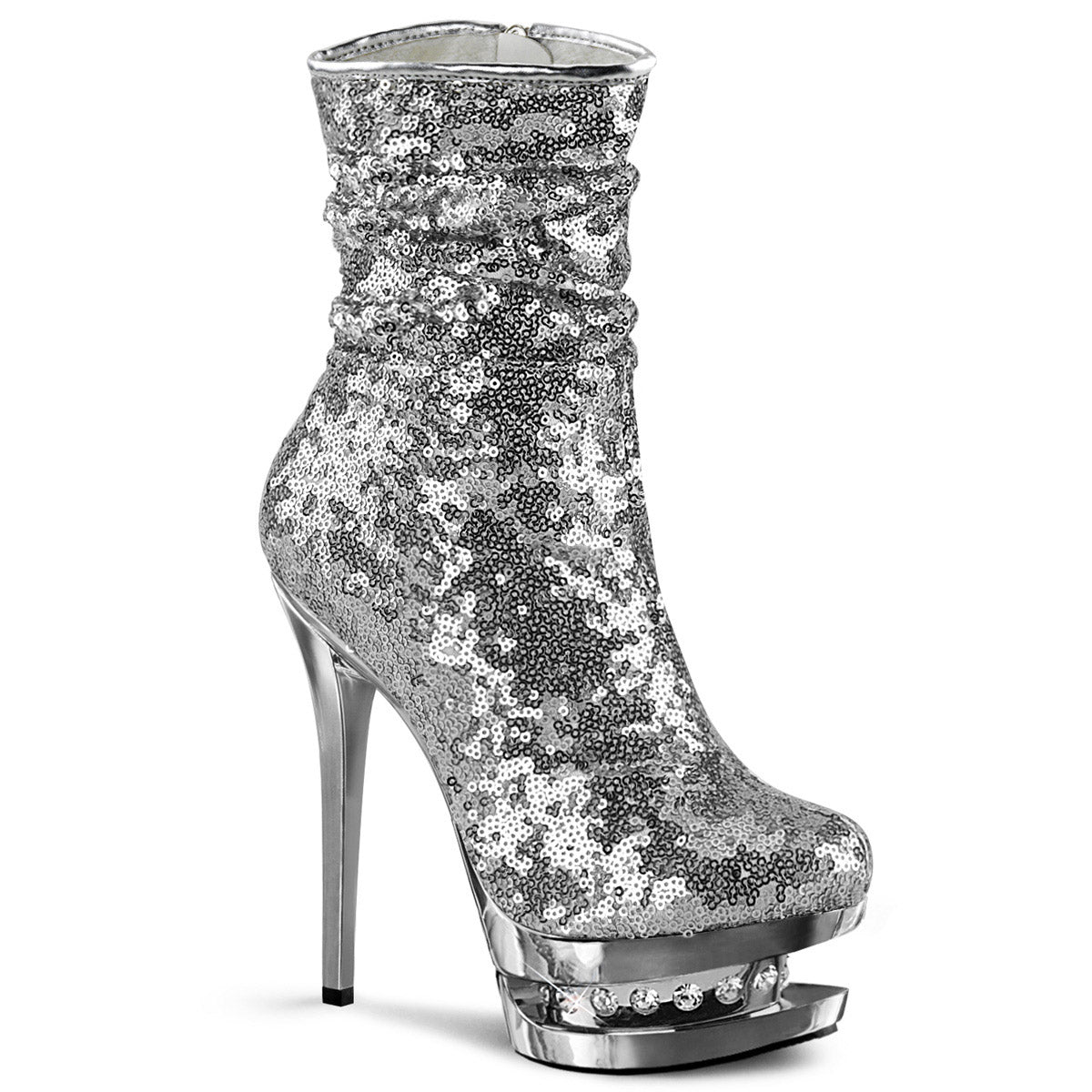 6" Heel, 1 1/2" Pf Sequined Ankle Boot, Side Zip Pleaser Pleaser BL/R1009/SSQ/SCH
