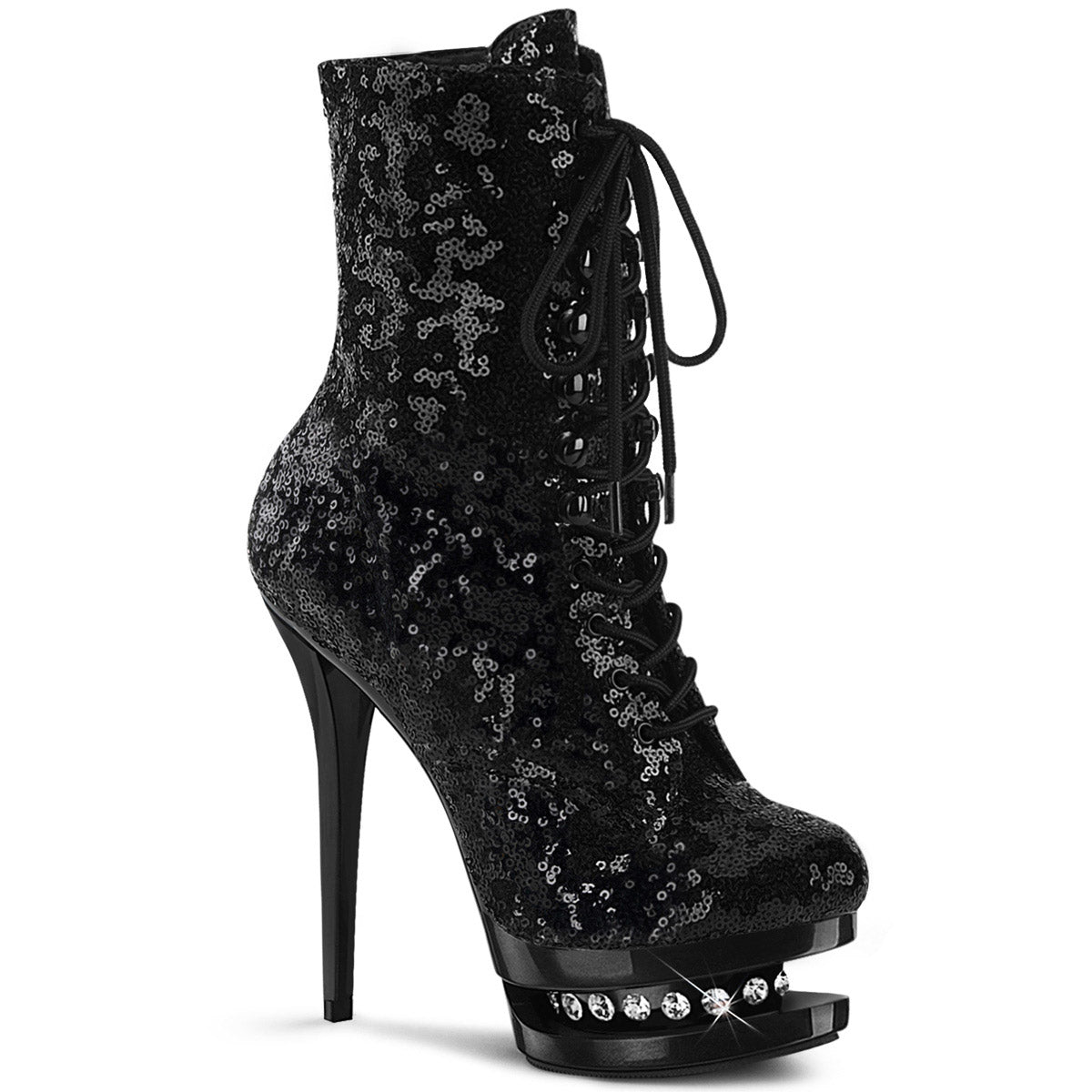 6" Heel, 1 1/2" Pf Lace-up Sequined Ankle Boot, Side Zip Pleaser Pleaser BL/R1020/BSQ/M Main image