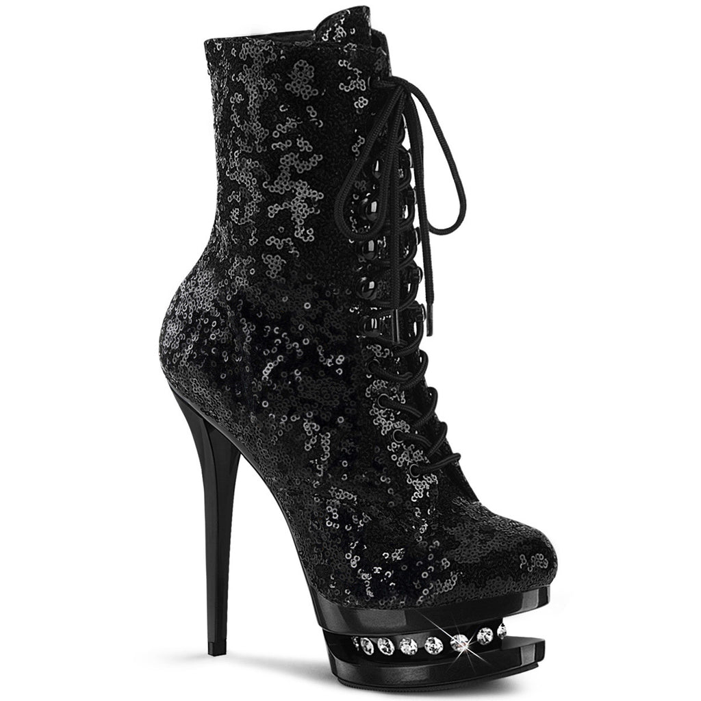 6" Heel, 1 1/2" Pf Lace-up Sequined Ankle Boot, Side Zip Pleaser Pleaser BL/R1020/BSQ/M