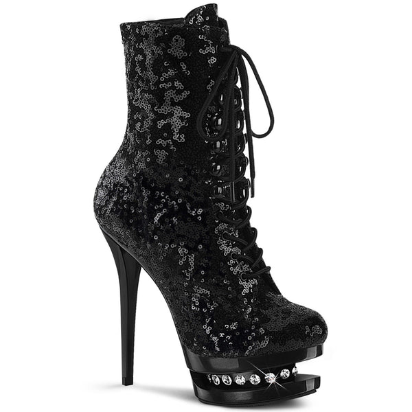 6" Heel, 1 1/2" Pf Lace-up Sequined Ankle Boot, Side Zip Pleaser Pleaser BL/R1020/BSQ/M