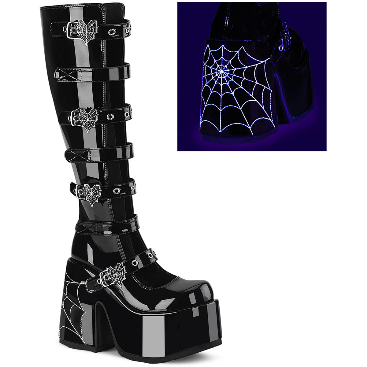 5" Chunky Heel, 3" P/F Open Front Knee High Bt, Inside Zip Pleaser Demonia CAMEL/223 Main image