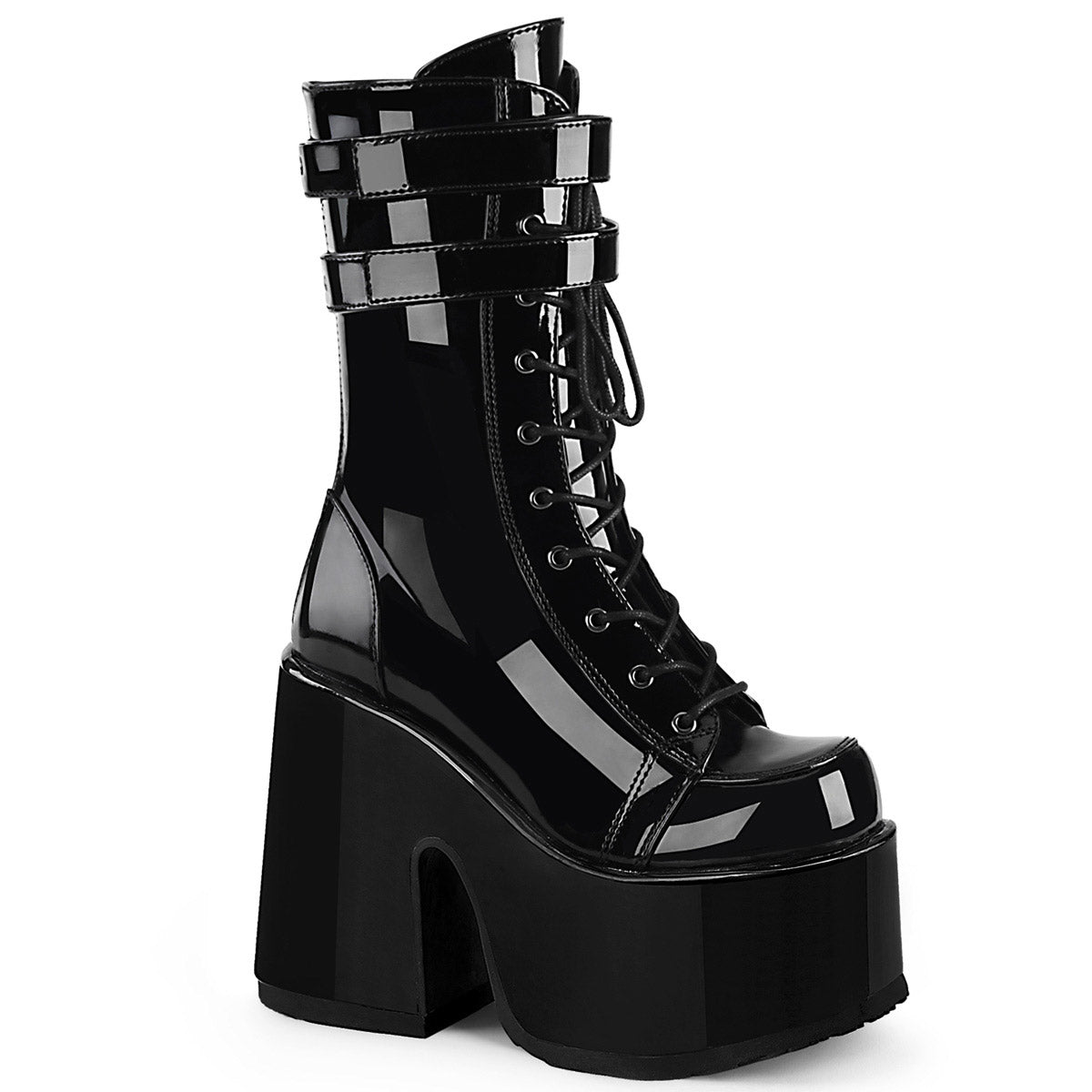 5" Chunky Heel, 3" P/F Lace-Up Mid-Calf Boot, Back Zip Pleaser Demonia CAMEL/250 Main image