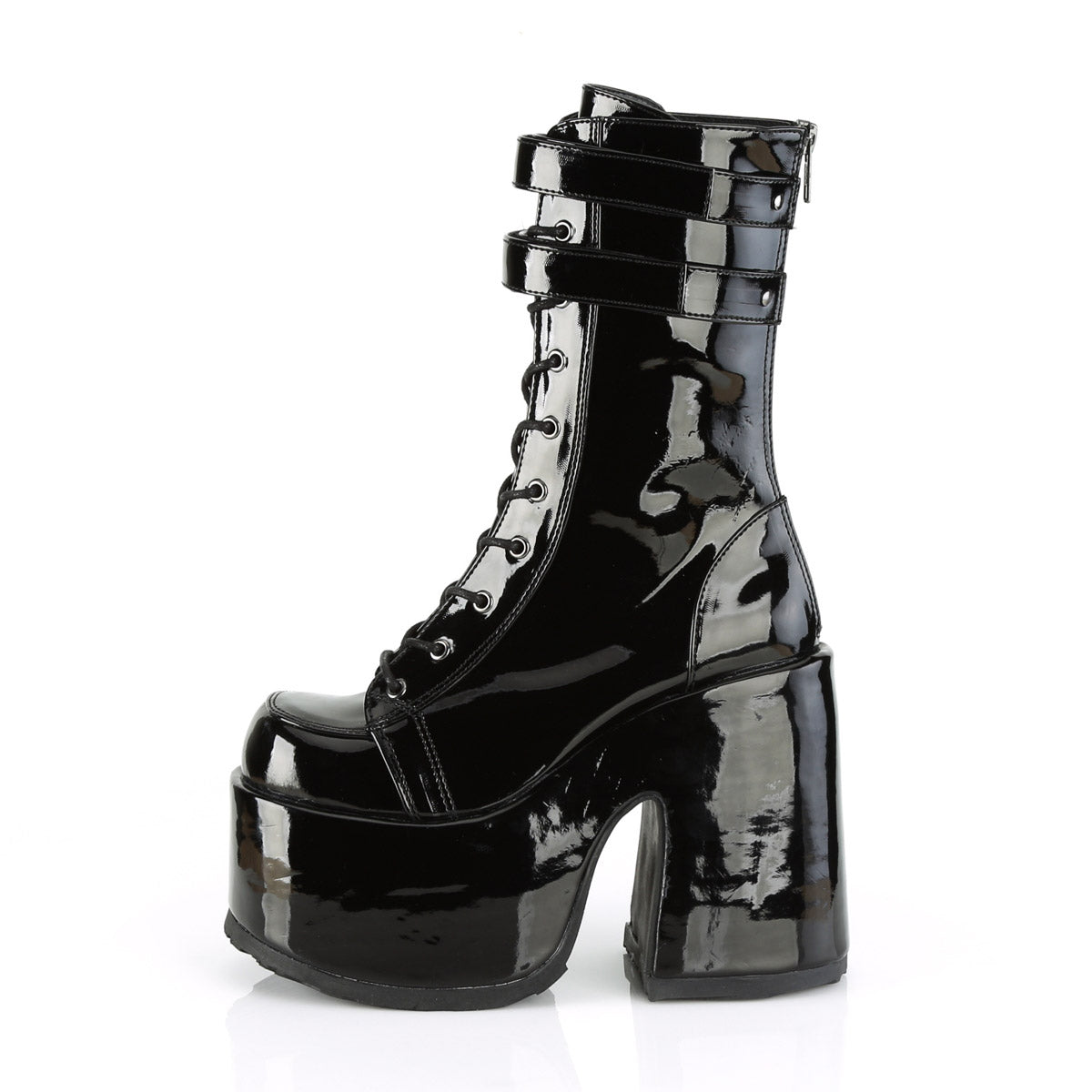 5" Chunky Heel, 3" P/F Lace-Up Mid-Calf Boot, Back Zip Pleaser Demonia CAMEL/250