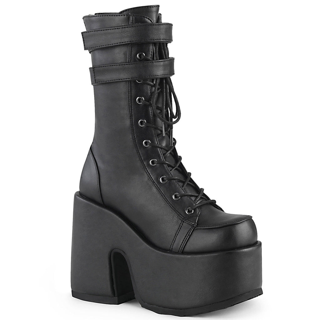 5" Chunky Heel, 3" P/F Lace-Up Mid-Calf Boot, Back Zip Pleaser Demonia CAMEL/250