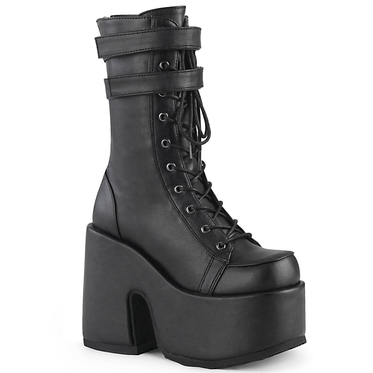 5" Chunky Heel, 3" P/F Lace-Up Mid-Calf Boot, Back Zip Pleaser Demonia CAMEL/250