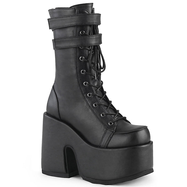 5" Chunky Heel, 3" P/F Lace-Up Mid-Calf Boot, Back Zip Pleaser Demonia CAMEL/250