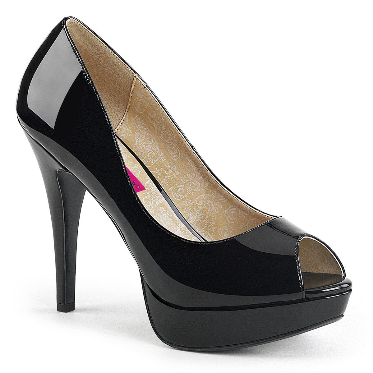 5 1/4" Heel, 1 1/4" Concealed PF Peep Toe Pump Blk Pat Pleaser Pink Label CHLOE/01