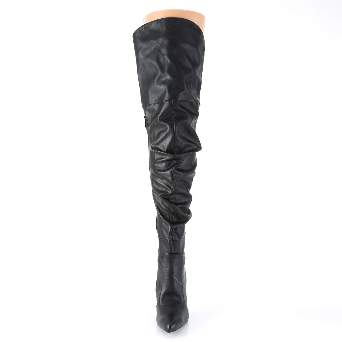 4" Heel Thigh High Pointed Boot w/Faux Fur Lining, Side Zip Blk Faux Leather Secondary image