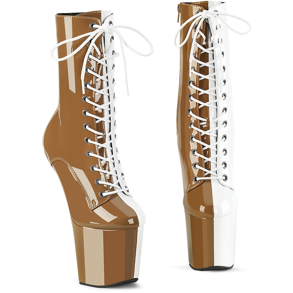 8" Heelless, 3" Pf Two Tone Lace-Up Ankle Boot, Side Zip Pleaser  CRAZE/1040TT