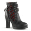 4" Heel, 3/4" P/F Corseted Triple Buckled Straps Ankle Boot Blk-Red Lace Vegan Leather Pleaser Demonia CRYPTO/51