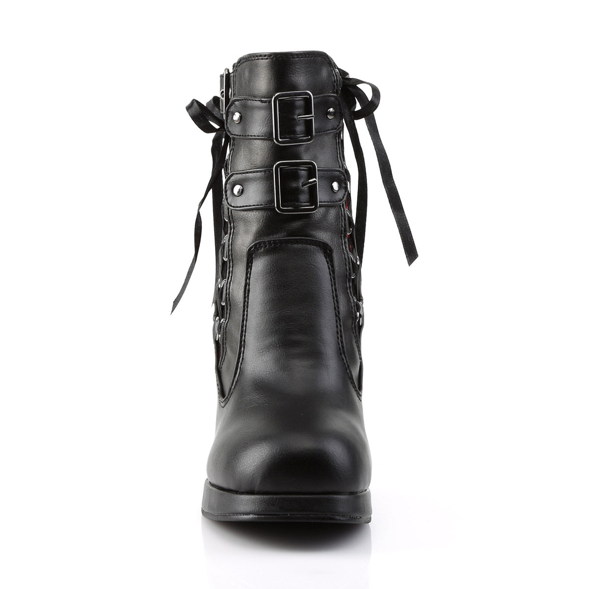 Demonia Crypto-51 Corseted Triple Buckled Straps Ankle Boot with 4" Heel and Red Lace Overlay Secondary image