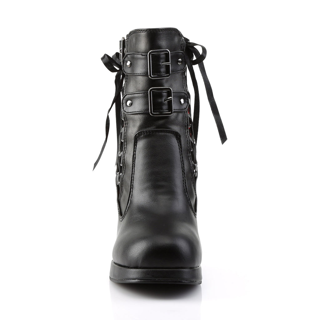 4" Heel, 3/4" P/F Corseted Triple Buckled Straps Ankle Boot Blk-Red Lace Vegan Leather Pleaser Demonia CRYPTO/51