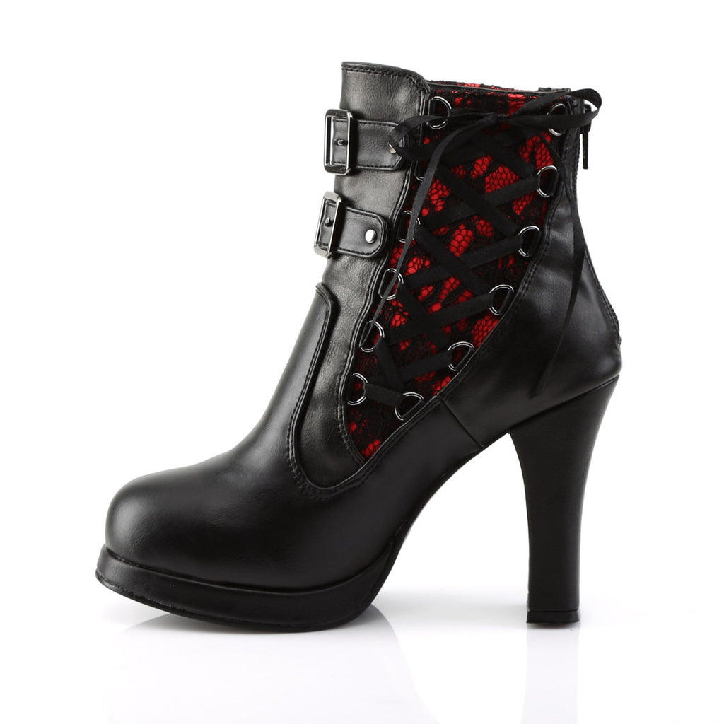4" Heel, 3/4" P/F Corseted Triple Buckled Straps Ankle Boot Blk-Red Lace Vegan Leather Pleaser Demonia CRYPTO/51